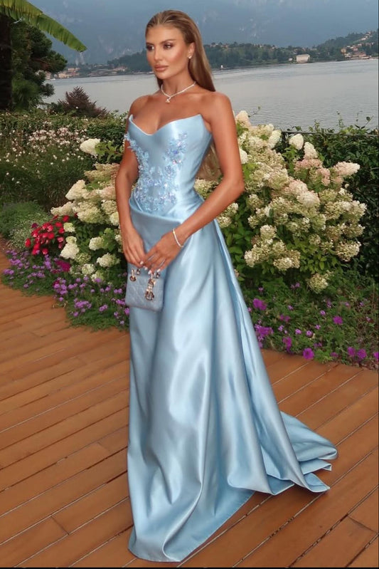 Mermaid Strapless Blue Satin With Appliqueds Lace Long Prom Dress