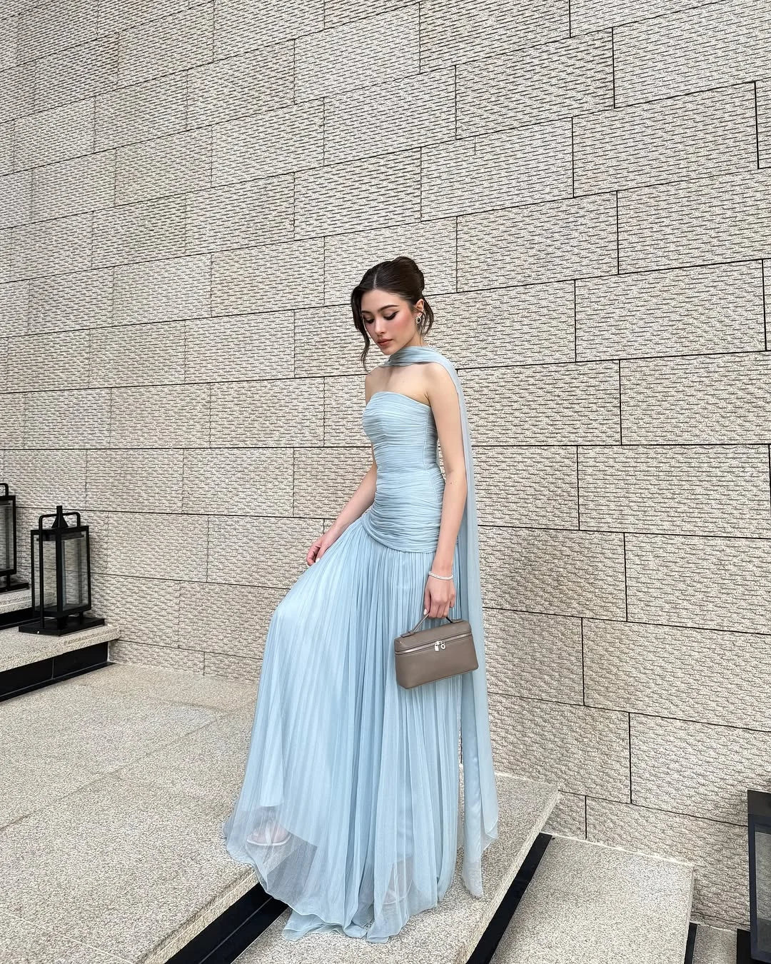 Light Blue Pleated Strapless Chiffon Elegant Prom Dress