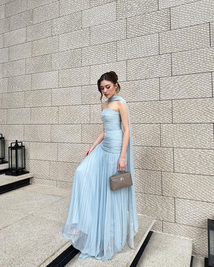 Light Blue Pleated Strapless Chiffon Elegant Prom Dress