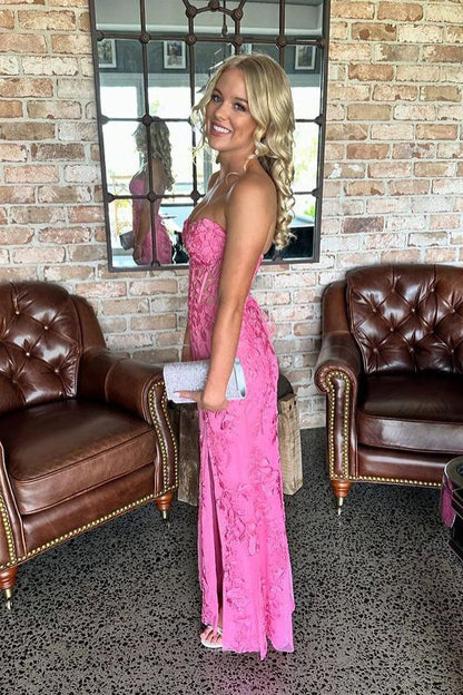Cute Mermaid Strapless Pink Lace Appliques Long Prom Dress