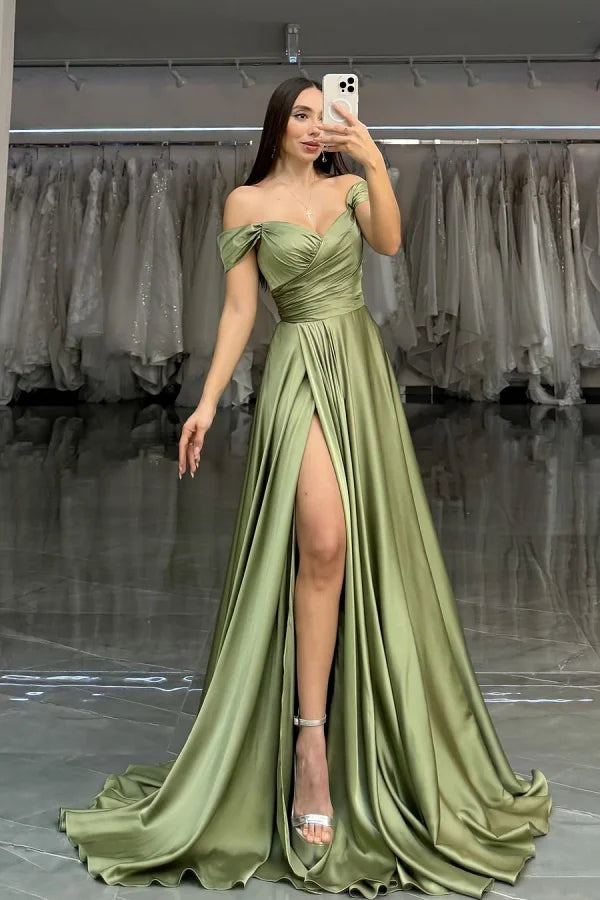 Green Off-The-Shoulder Elegant Split Evening Dress ZT0383
