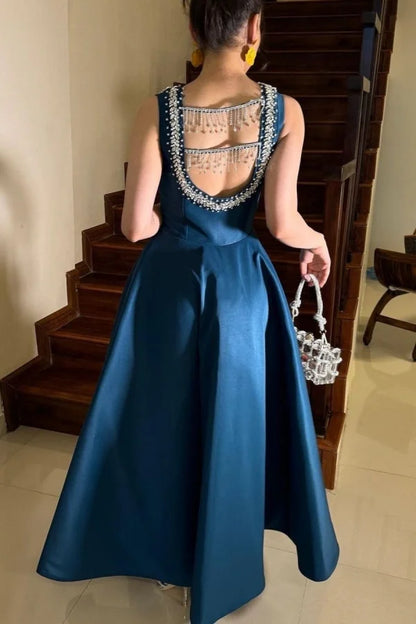 Ink Blue Beaded Square-Neck Split Prom Dress