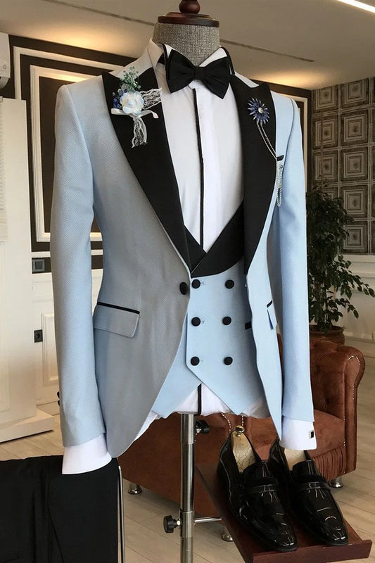 Fashion Black Peaked Lapel Formal Party Suit For Men Sky Blue With Three Pieces
