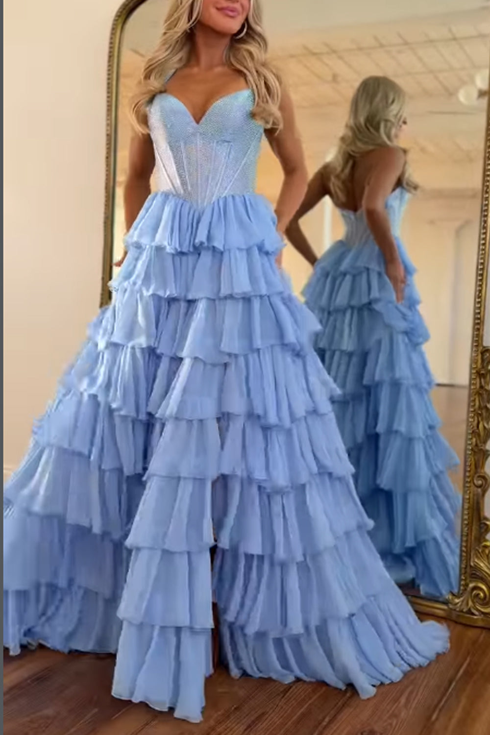 Charming A-Line Strapless Ruffle Tiered Chiffon Long Prom Dress
