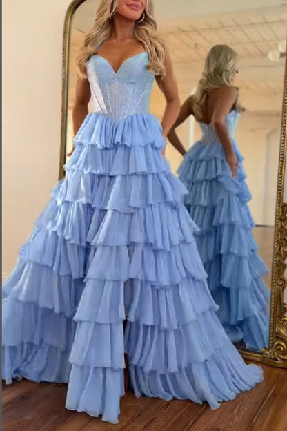 Charming A-Line Strapless Ruffle Tiered Chiffon Long Prom Dress