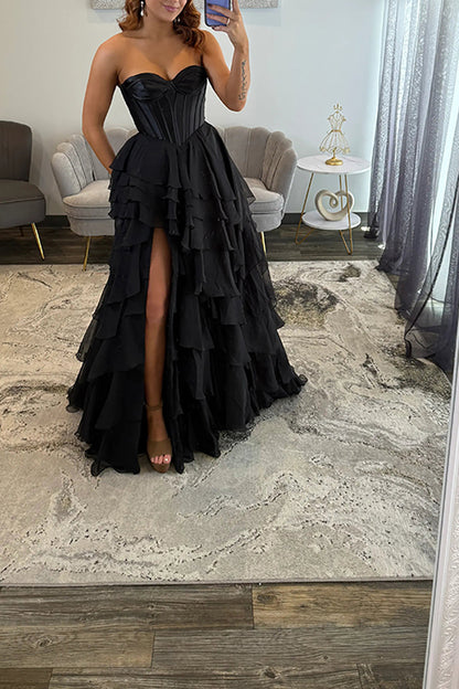 Classic Ball Gown Strapless Black Chiffon Ruffle Tiered Prom Dresses with Slit