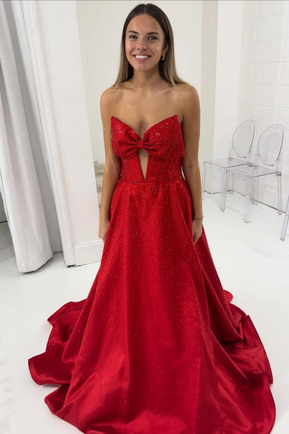 Cute A Line Sweetheart Keyhole Red Satin Long Prom Dress