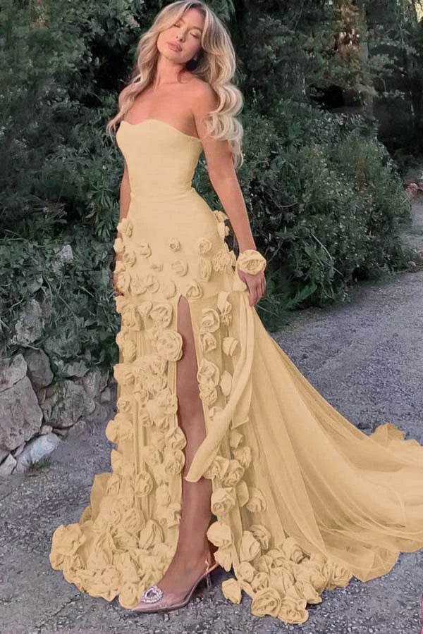 Sweet Candy Pink Split Handmade Flowers Strapless Prom Dress