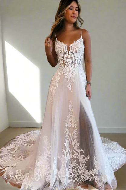 Spaghetti-Straps Sleeveless A-Line Lace Wedding Gowns