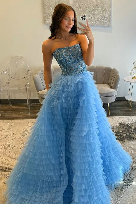 Tube Top Sleeveless Sequined Tiered A-Line Prom Dress Off-Shoulder Tulle Pleated Party Gowns