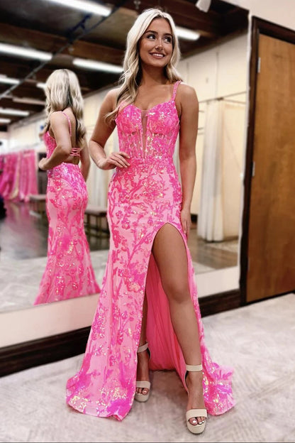 Cute Mermaid V Neck Pink Sequins Lace Slit Prom Dress
