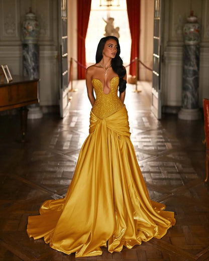 V-Neck Strapless Sleeveless Long Pleated Mermaid Prom Dress With Ruffles And Beadings