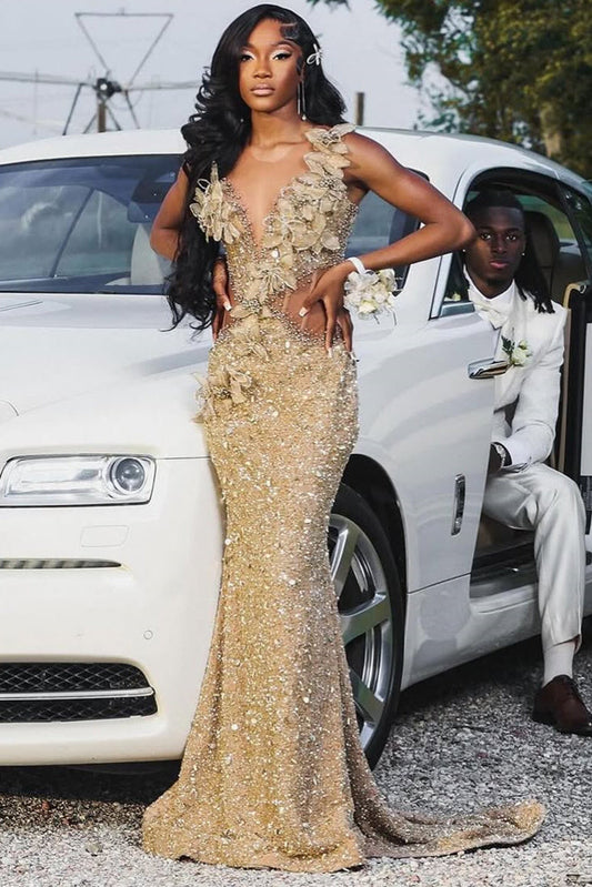 Champange Sleeveless Flowers Floor length Sparkle Prom Dress