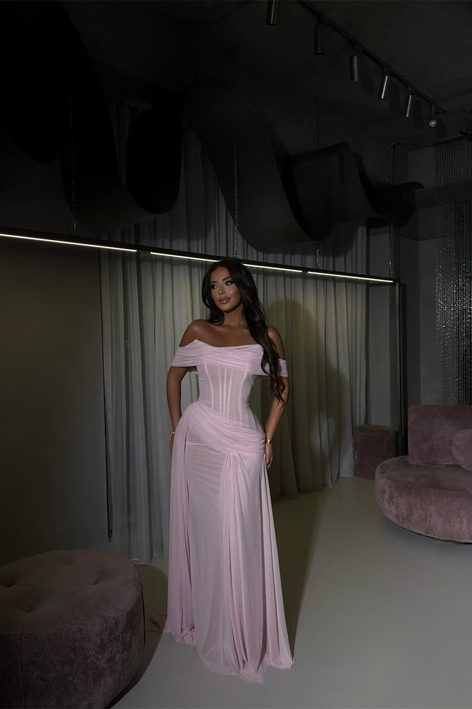 Charming Pink Off-The-Shoulder Chiffon Prom Dress