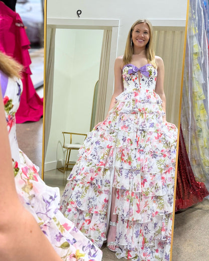 Flowers Floral Print Sweetheart Bowkno A-Line Bow Tassel Prom Dress Floor-Length