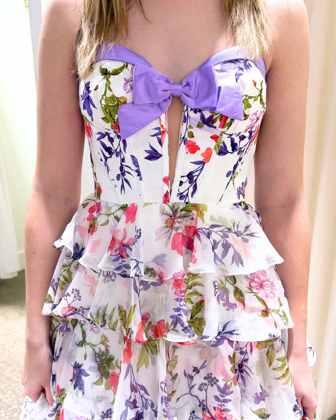 Flowers Floral Print Sweetheart Bowkno A-Line Bow Tassel Prom Dress Floor-Length