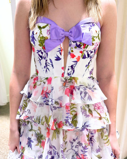 Flowers Floral Print Sweetheart Bowkno A-Line Bow Tassel Prom Dress Floor-Length