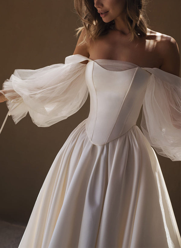 Chic A-line Off-The-Shoulder Long Sleeves Satin Wedding Dresses Pleated