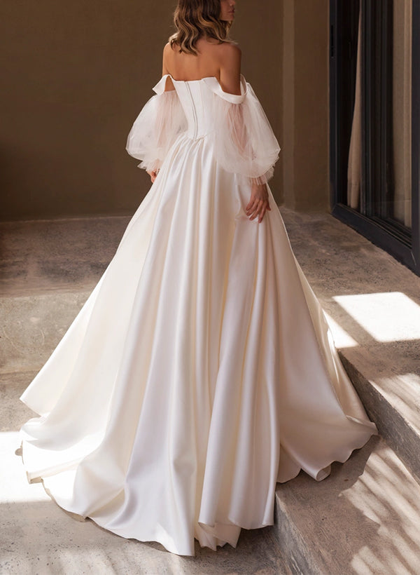 Chic A-line Off-The-Shoulder Long Sleeves Satin Wedding Dresses Pleated