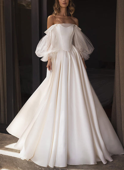 Chic A-line Off-The-Shoulder Long Sleeves Satin Wedding Dresses Pleated