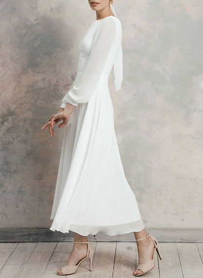 Chic A-line Scoop Neck Long Sleeves Chiffon Ankle-Length Wedding Dress Ruffle