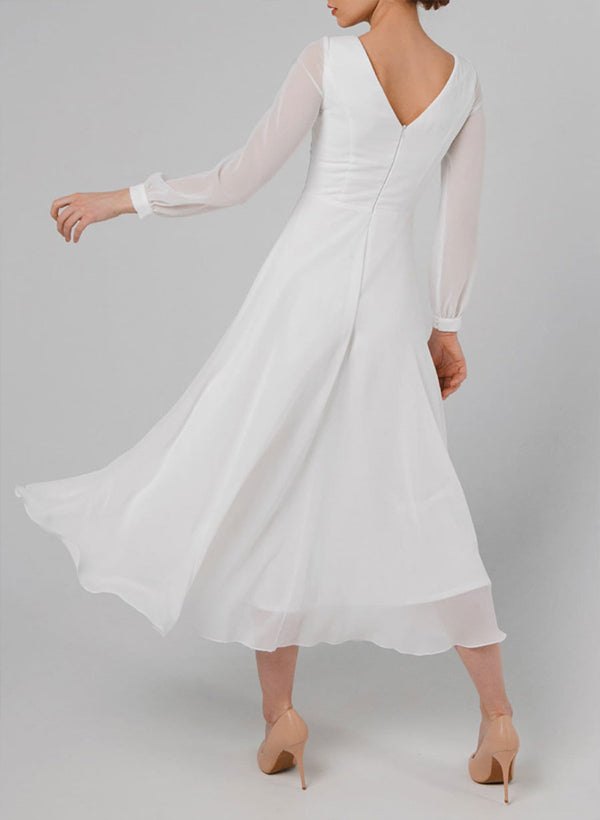 Chic A-line Scoop Neck Long Sleeves Chiffon Ankle-Length Wedding Dress Ruffle