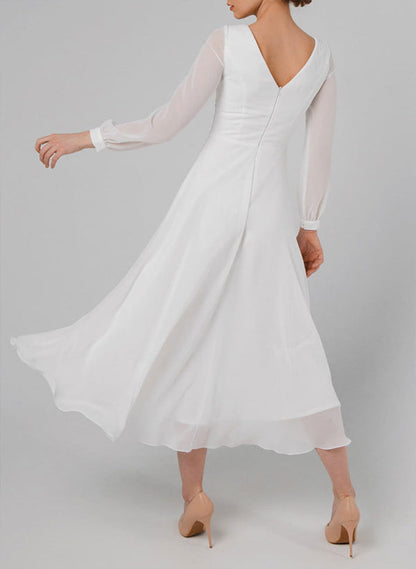 Chic A-line Scoop Neck Long Sleeves Chiffon Ankle-Length Wedding Dress Ruffle