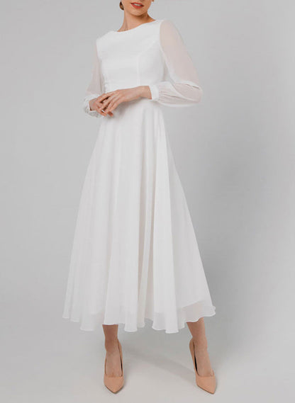 Chic A-line Scoop Neck Long Sleeves Chiffon Ankle-Length Wedding Dress Ruffle