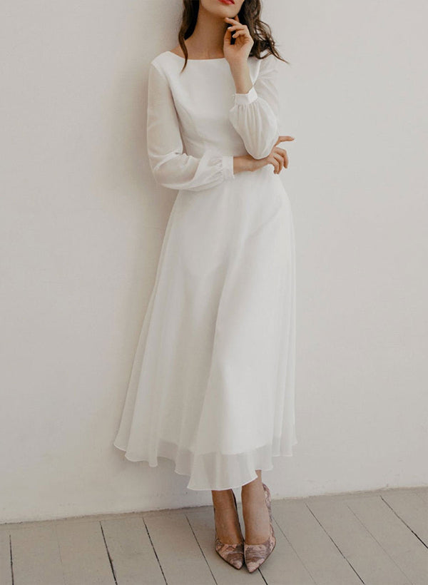 Chic A-line Scoop Neck Long Sleeves Chiffon Ankle-Length Wedding Dress Ruffle