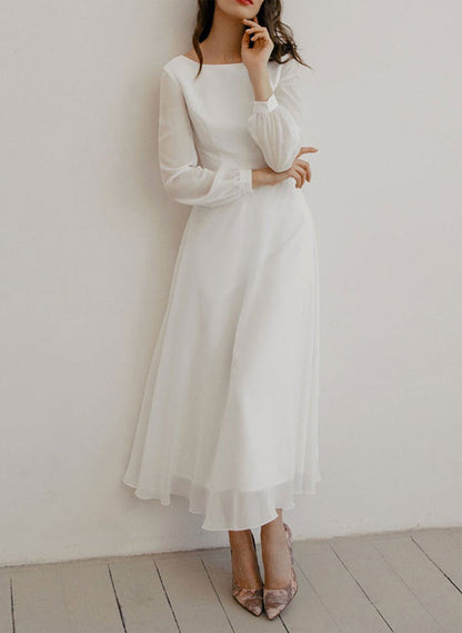 Chic A-line Scoop Neck Long Sleeves Chiffon Ankle-Length Wedding Dress Ruffle