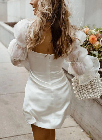 Chic A-line Square Neckline Little White Satin Tulle Wedding Dresses Long Sleeves