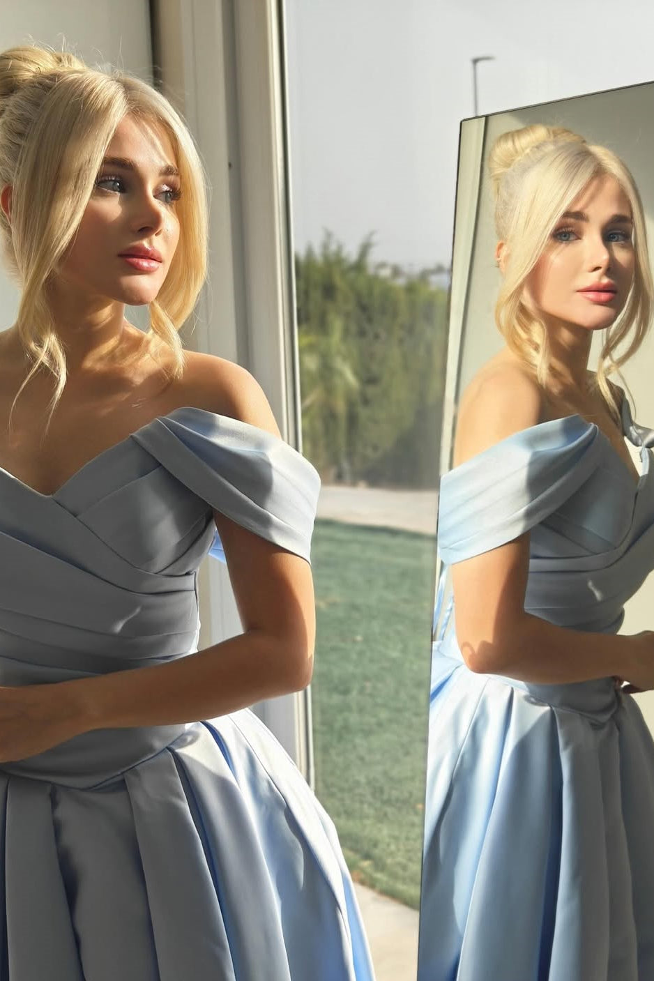 Chic Blue V-Neck Off-The-Shoulder Satin Prom Dress