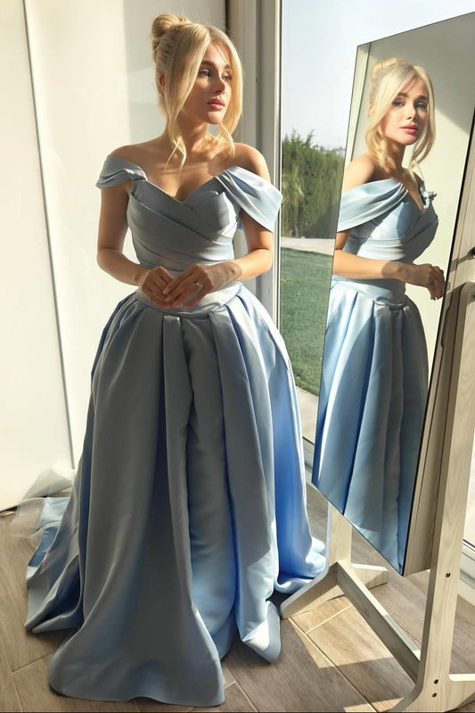 Chic Blue V-Neck Off-The-Shoulder Satin Prom Dress