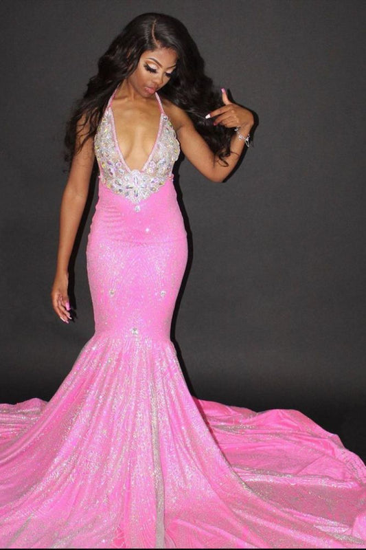 Halter Mermaid Evening Gowns Backless Prom Party Gowns