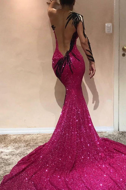 Chic Mermaid Evening Dresses One Sleeve Open Back Pageant Dress