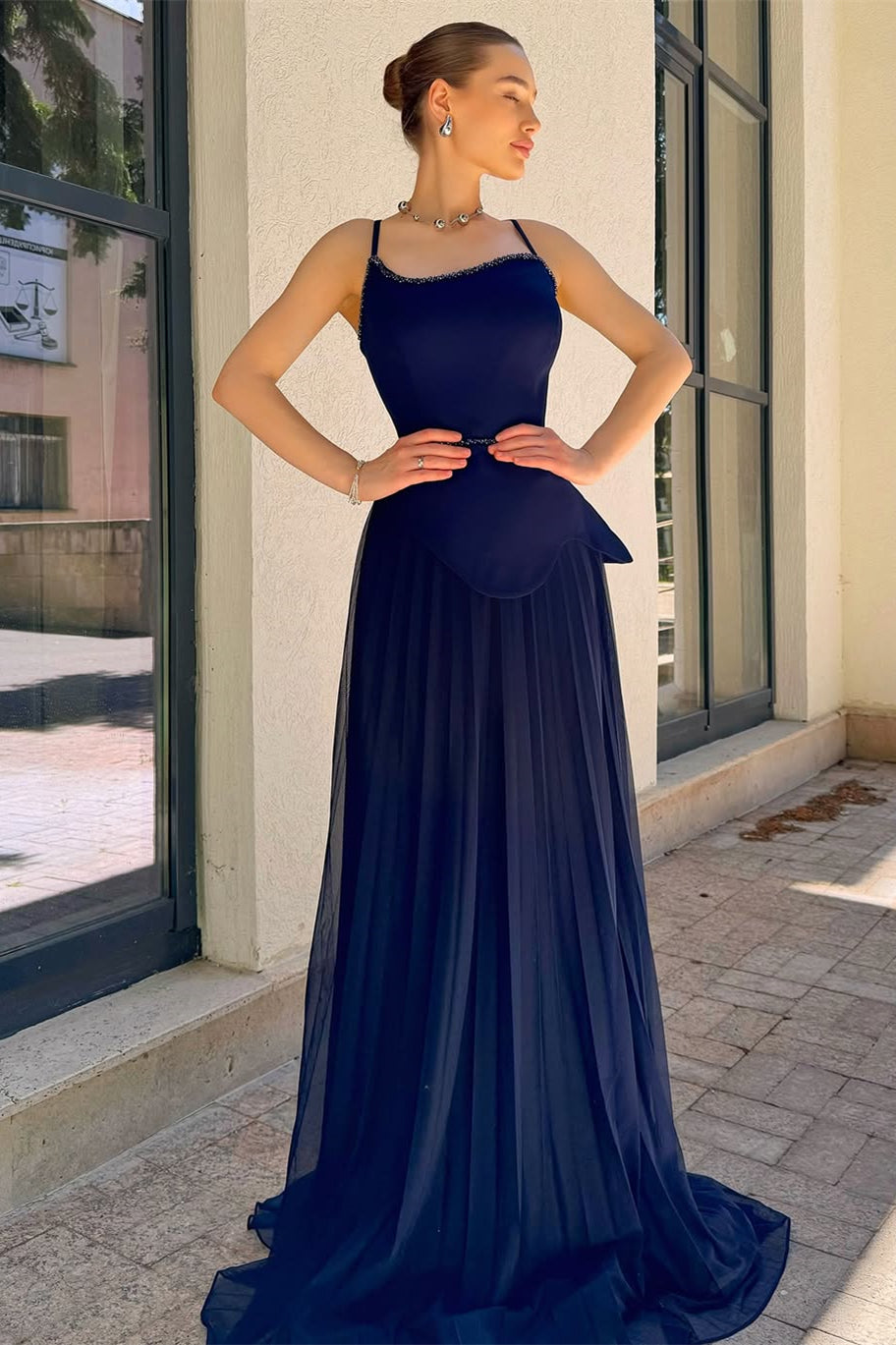 Chic Navy Blue Spaghetti-Strap Prom Dress