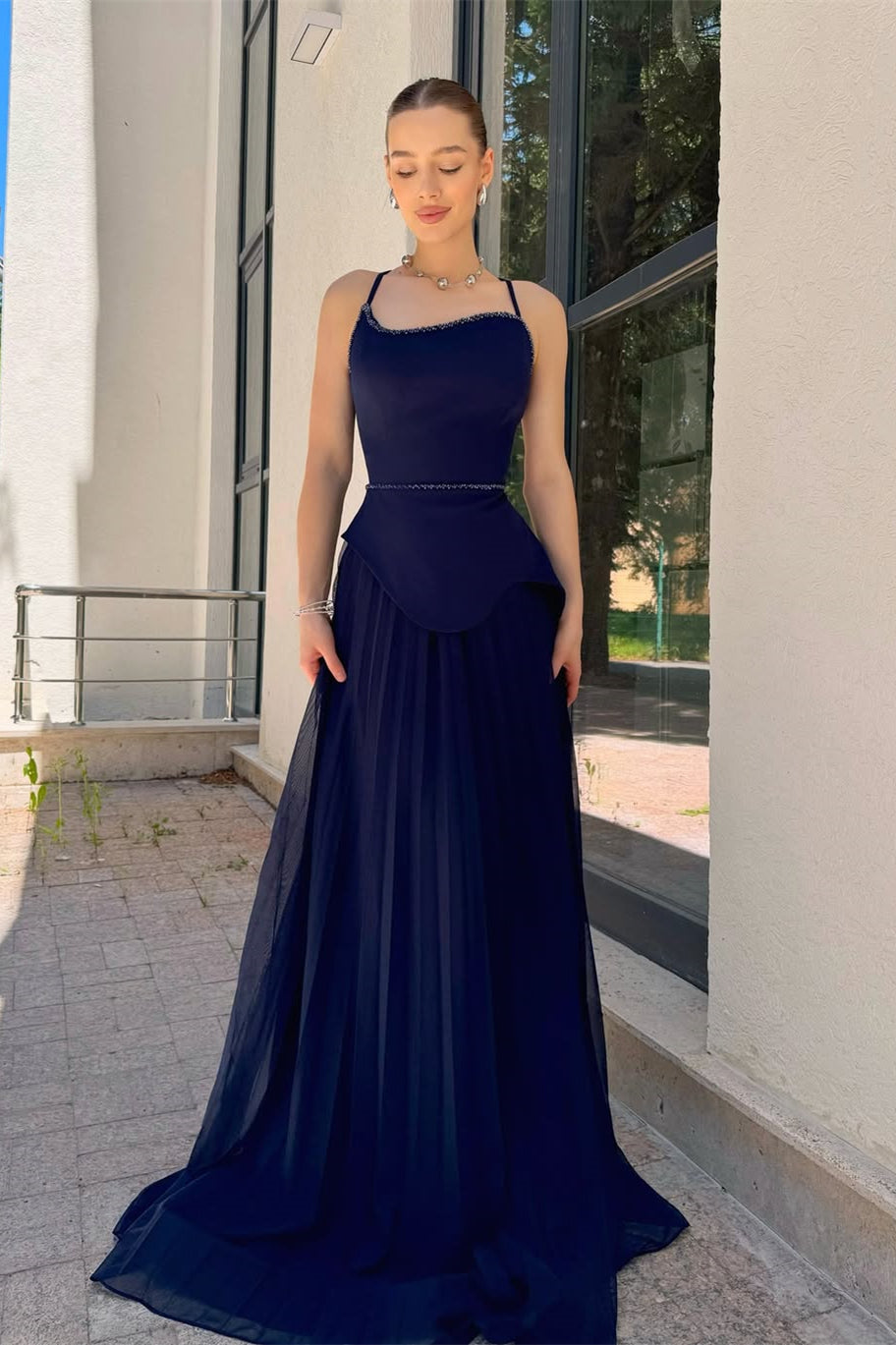 Chic Navy Blue Spaghetti-Strap Prom Dress