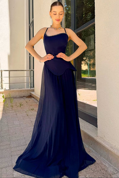 Chic Navy Blue Spaghetti-Strap Prom Dress