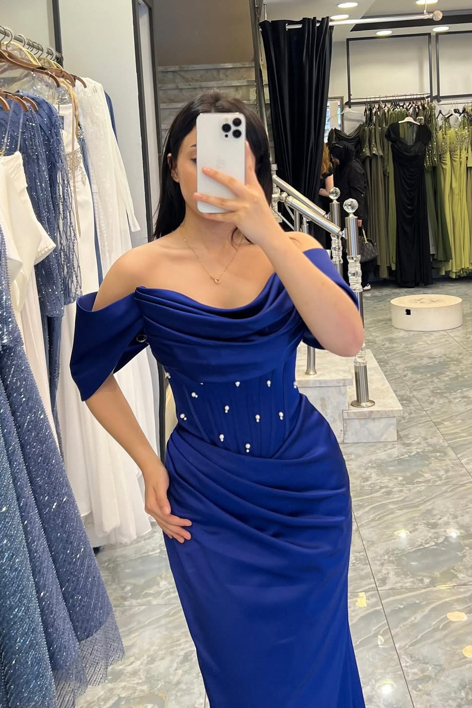 Chic Royal Blue Off-The-Shoulder Satin Prom Dress