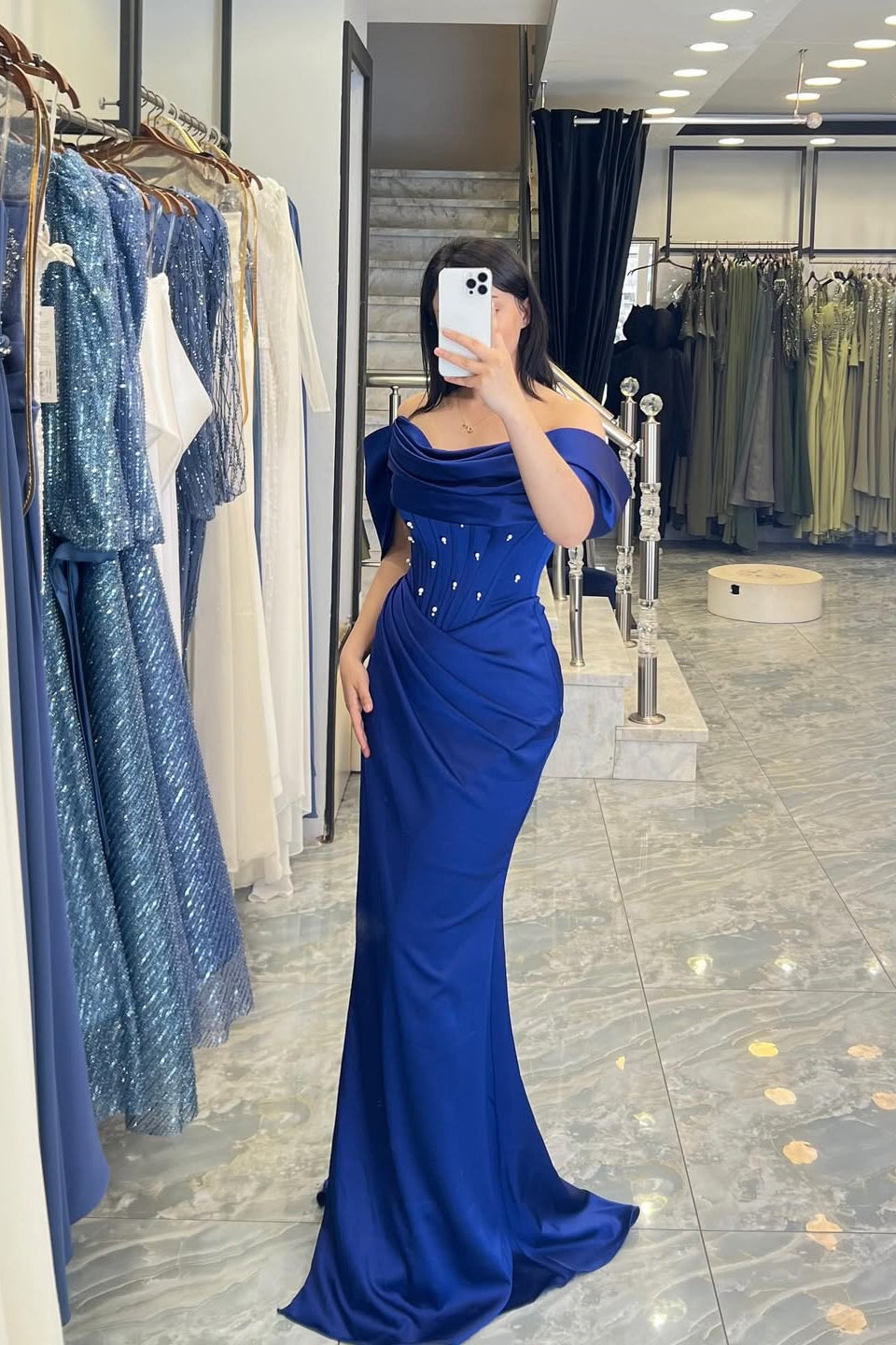 Chic Royal Blue Off-The-Shoulder Satin Prom Dress