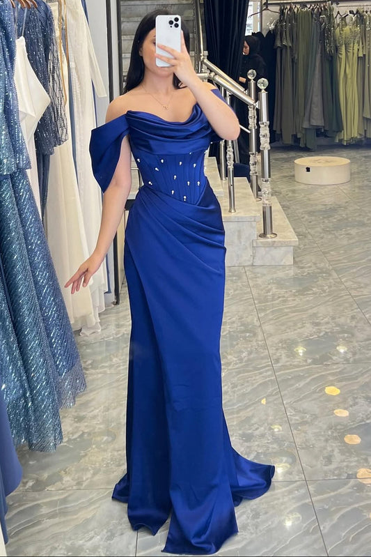 Chic Royal Blue Off-The-Shoulder Satin Prom Dress