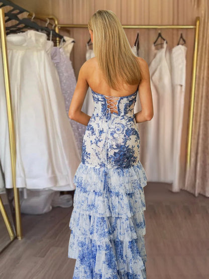 Strapless Beaded Ruffle Tiered Mermaid Prom Dresses With Slit