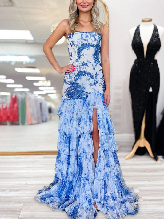 Strapless Beaded Ruffle Tiered Mermaid Prom Dresses With Slit