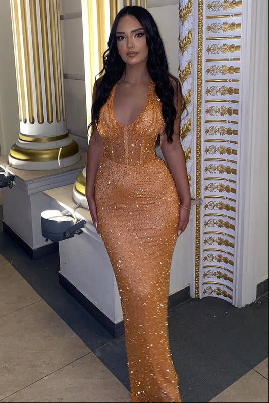 Classic Orange Halter V-Neck Sleeveless Sequins Prom Dress