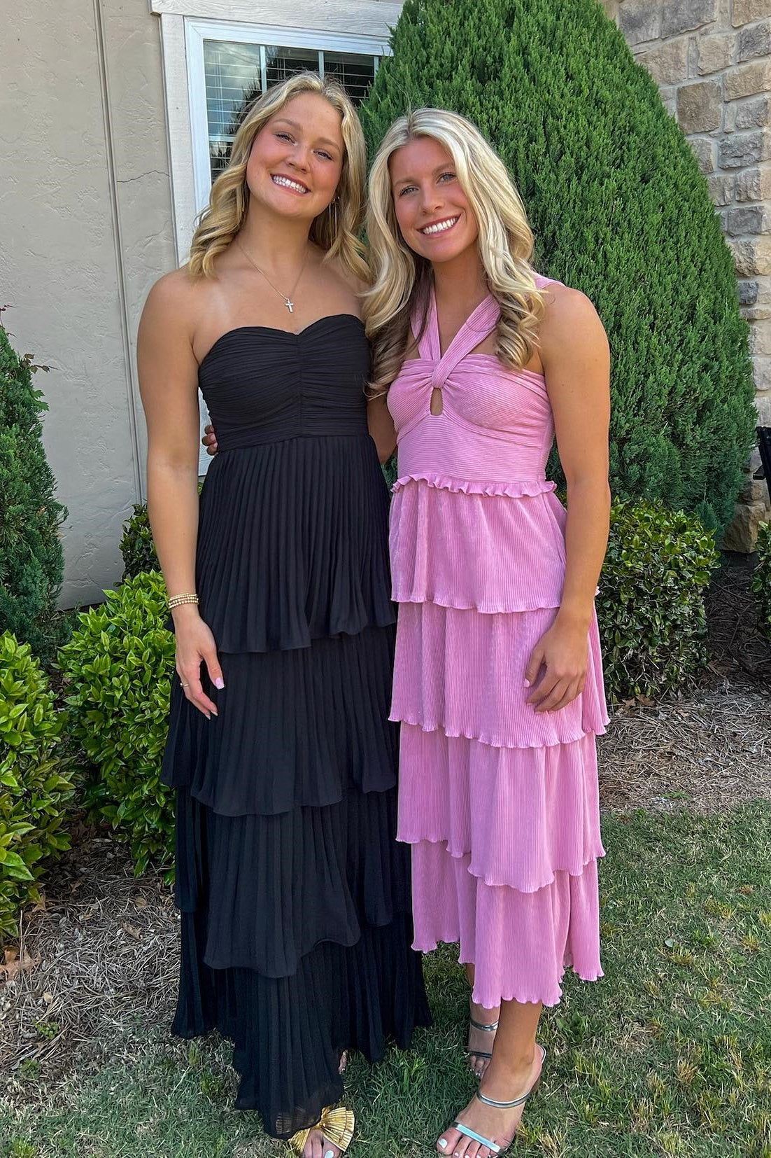 Sweetheart Strapless Tiered A-line Prom Dress Sleeveless Pleated Chiffon Floor-Length Party Gowns