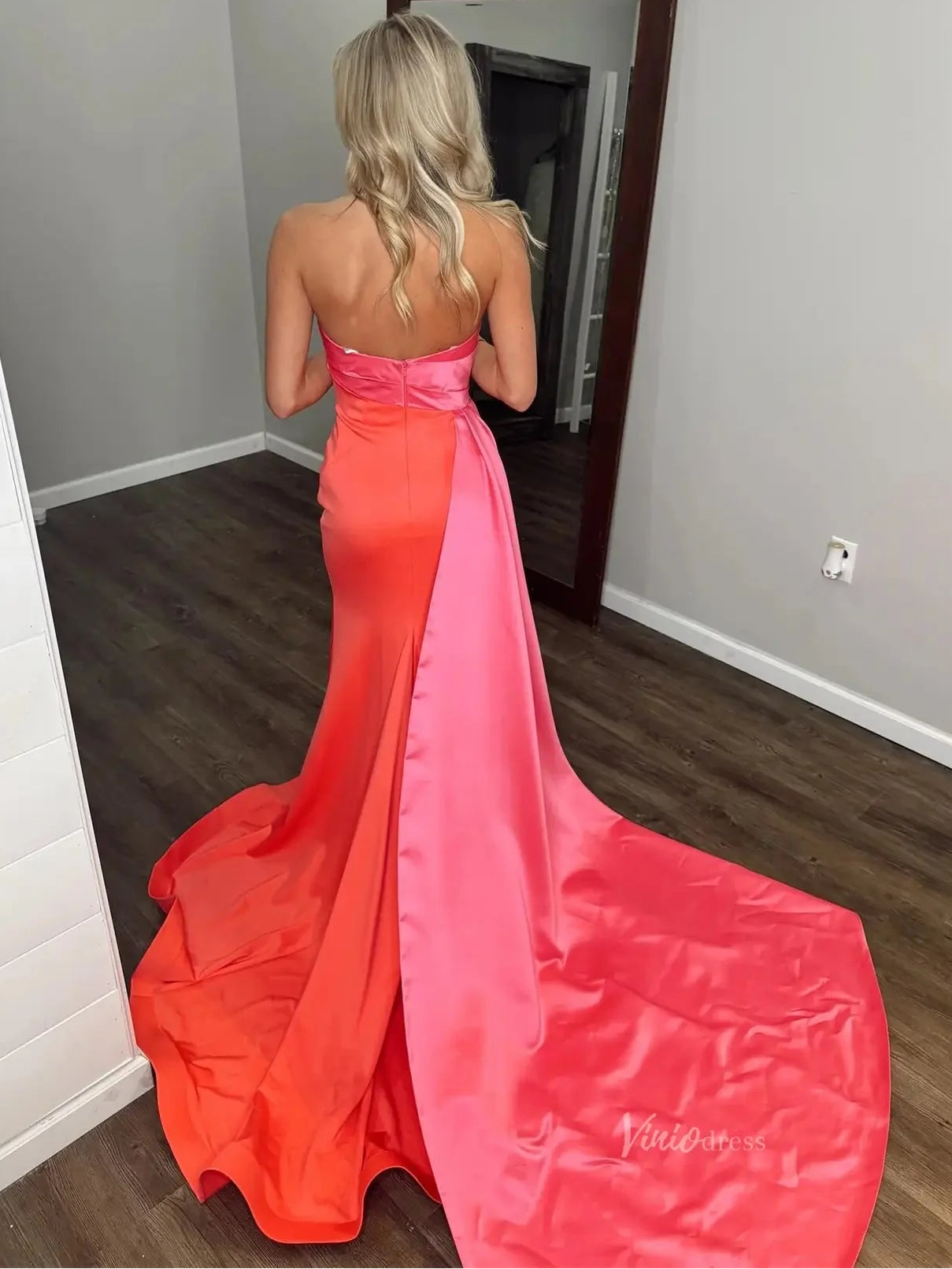 Coral Satin Sheath Prom Dresses with Pink Overskirt & Slit