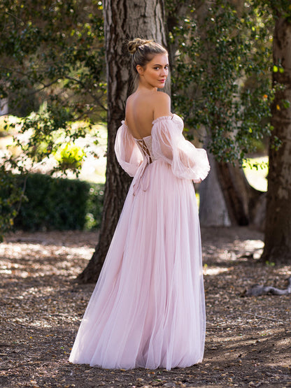A-line Corset Off The Shoulder Floor Length Tulle Prom Dress
