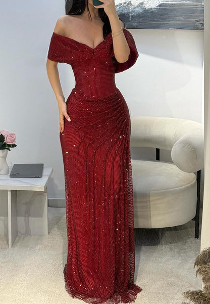 Off-Shoulder Strapless Pleated Sparkly Mermaid Prom Dress