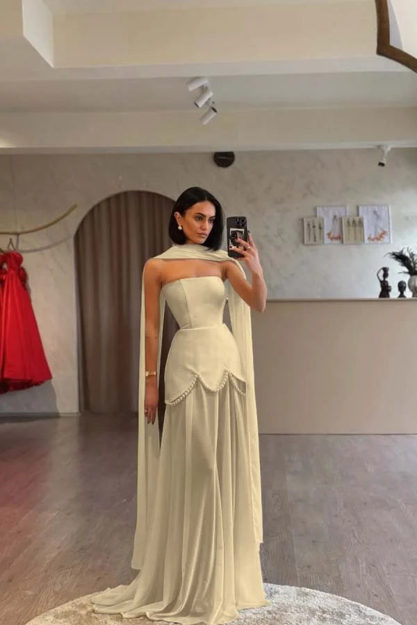 Ivory Strapless Pearls Spliced Prom Dress ZT0685