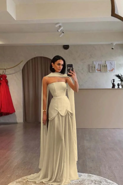 Ivory Strapless Pearls Spliced Prom Dress ZT0685